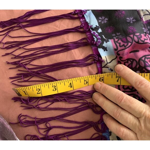 Vintage Elaine Gold for Collection XIIX Purple Patchwork Fringed Sheer Art Scarf - Picture 10 of 13